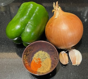 Onion, garlic, bell pepper and spices