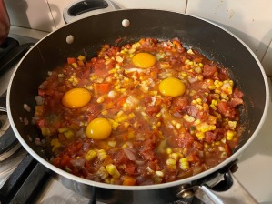 Eggs added to veggie mix